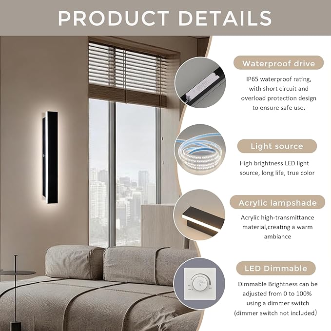 Modern Black Outdoor Wall Lights for House 23.6" Garage Exterior Lighting Fixtures LED IP65 Outdoor Wall Light Dimmable 3000K-6000K Long Strip Anti-Rust Wall Lamp for Patio Passage Porch