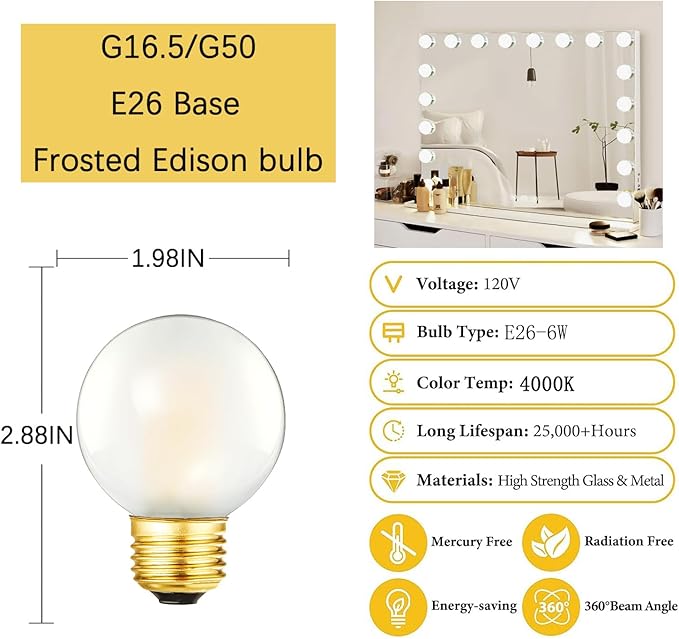 Dimmable G16.5 Frosted Edison Bulbs, E26 LED Bulb, 6W Equivalent 60W, G16 1/2 led Edison Bulb 4000K,E26 Frosted LED Globe Bulbs for Chandeliers, Vanity Lights- AC120V 600LM, 6Pack (6W-4000K)