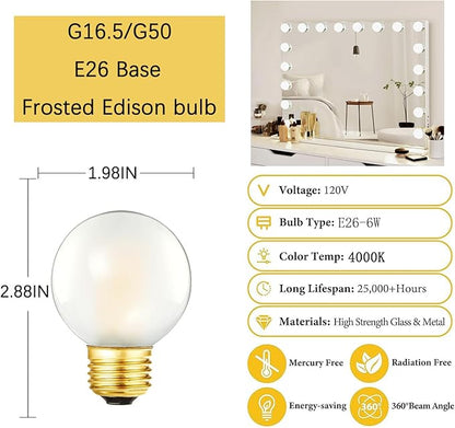 Dimmable G16.5 Frosted Edison Bulbs, E26 LED Bulb, 6W Equivalent 60W, G16 1/2 led Edison Bulb 4000K,E26 Frosted LED Globe Bulbs for Chandeliers, Vanity Lights- AC120V 600LM, 6Pack (6W-4000K)