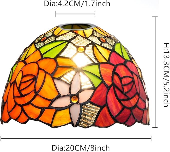 Tiffany Replacement Lamp Shade, 8 Inch Gorgeous Roses Stained Glass Lamp Shade Handmade Vintage Lampshades Accessories Fit for Table Lamp Pendant Light Wall lamp