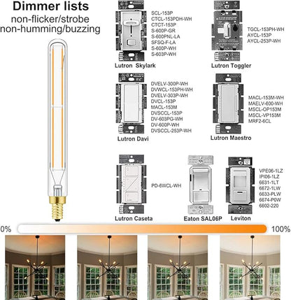 Leools E12 LED Tube Bulbs,T6 Tubular Edison Style LED Filament Bulb, 6W Dimmable Antique LED Bulb,E12 Base,Clear Glass,Warm White,2700K,750LM(60-75W Equivalent),7.3in,Pack of 6