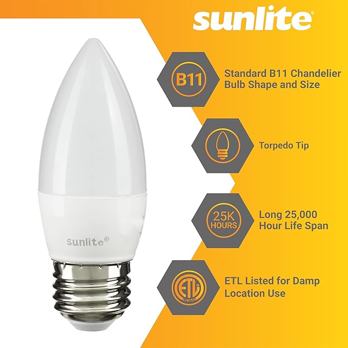 Sunlite LED B13 Torpedo Decorative Chandelier Light Bulb, 7 Watts (60W=), 500 Lumens, 120 Volts, Dimmable, E26 Base, ETL Listed, Torpedo Frosted, Title-20, 2700K Soft White, 6 Pack