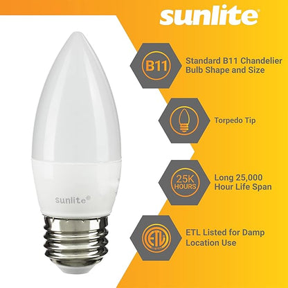 Sunlite LED B13 Torpedo Decorative Chandelier Light Bulb, 7 Watts (60W=), 500 Lumens, 120 Volts, Dimmable, E26 Base, ETL Listed, Torpedo Frosted, Title-20, 2700K Soft White, 6 Pack