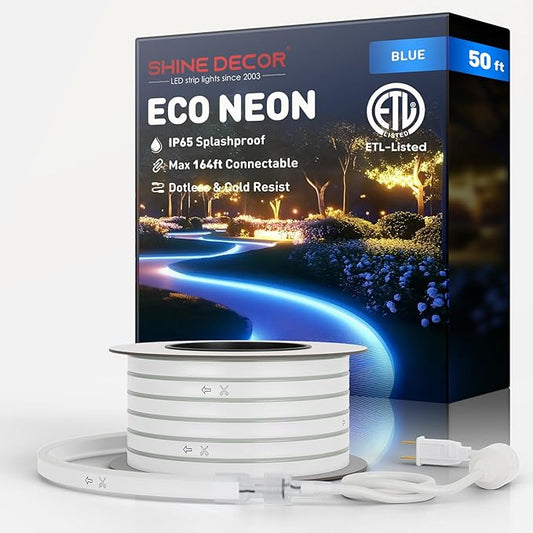 Shine Decor LED Rope Lights AC 120V, Connectable & Cuttable Dotless 120LEDs/M Eco Neon Strip Lighting, ETL IP65 Waterproof & Weather-Resistant for Home Commercial, 8x16mm, Blue, 50FT