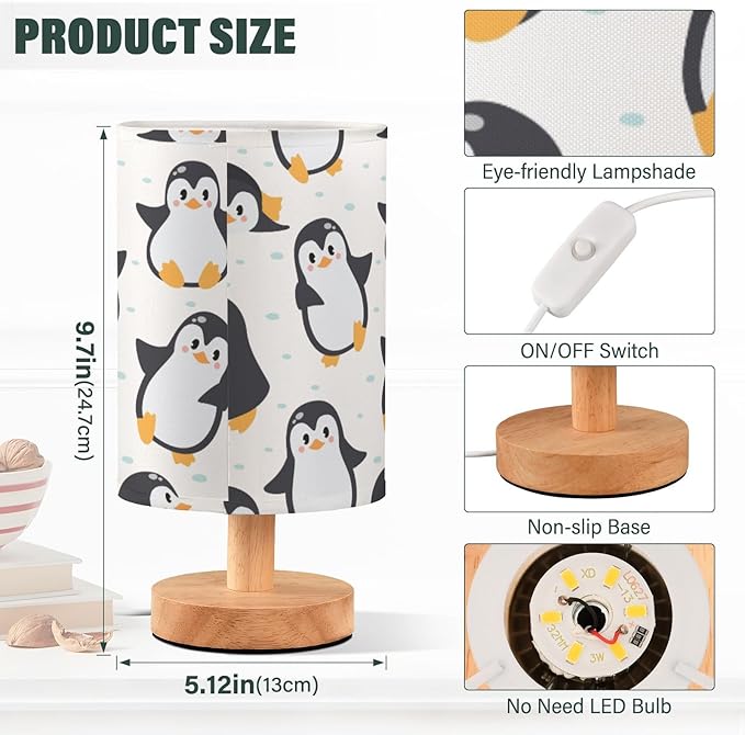 Bedside Lamp Cute Penguins Table Lamp for Bedroom LED Nightstand Lamp Shade USB Ports Wood Base for Living Room Dorm Office