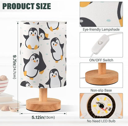 Bedside Lamp Cute Penguins Table Lamp for Bedroom LED Nightstand Lamp Shade USB Ports Wood Base for Living Room Dorm Office