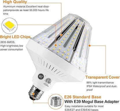 600W Equivalent Led Corn light bulbs,60W 9000 Lumens LED Corn Bulb 5000K Daylight White Lamp,E26 Medium/E39 Mogul Base,2-Pack Large Area Lights For Outdoor Indoor Garage Warehouse High Bay Lighting