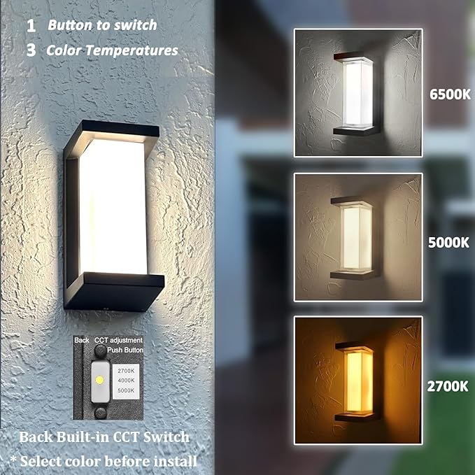 Outdoor Porch Lights 3000K 40000K 5000K 3 Colors Selectable, LED Outdoor Light Fixtures Wall Mount 2 Pack, Super Bright 1500lm Aluminum Exterior Lighting Fixtures for Outside House Front Door