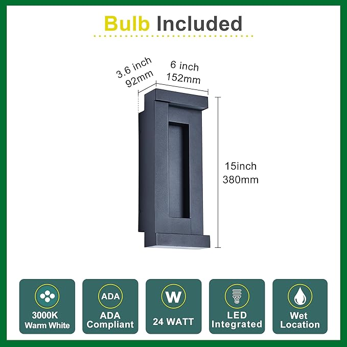 Modern Outdoor Art Wall Lights, IP65 & Anti-Rust, 2200 Lumens Triac Dimmable LED Porch Light, Textured Black & Frosted Glass,Voltage 120-277V,Wall Mount for Patio, Garage, Entryway
