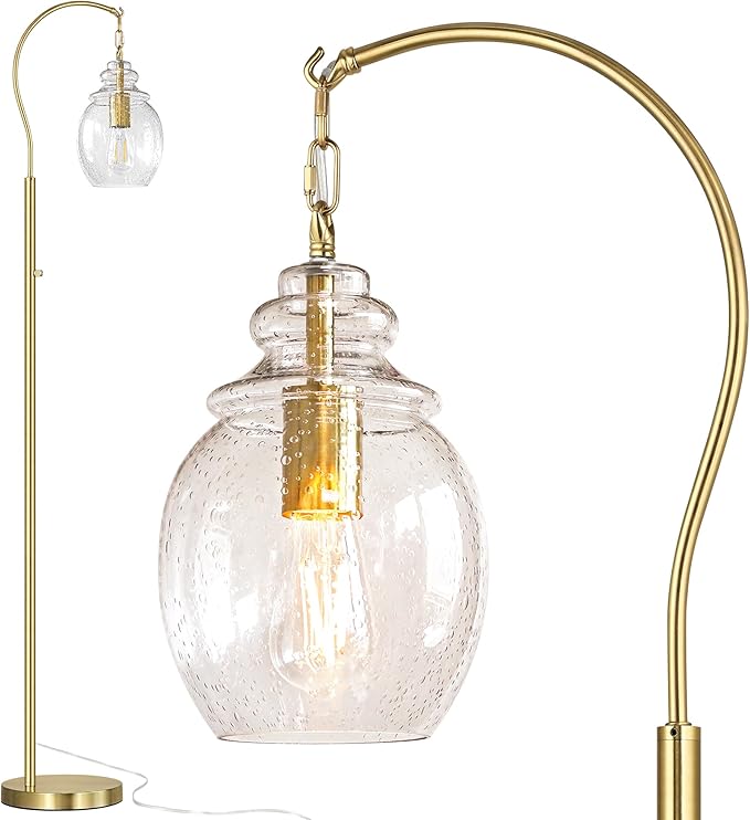 QiMH Gold Floor Lamps for Living Room, Modern Standing Lamp for Bedroom, 70" Tall Lamp for Corner, Arc Floor Lamp with Seeded Glass Lamp Shade, Dimmable Floor Lamp for Reading Office Nursery