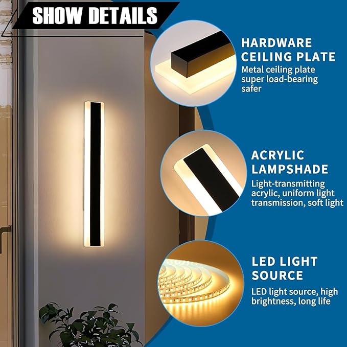 2 Pack 23.6inch Modern Outdoor Light Fixture, 3000K-6000K Dimmable Wall Sconce, IP65 Waterproof Linear Exterior LED Light with Remote Control, Black Aluminium for Porch, Patio, Garage