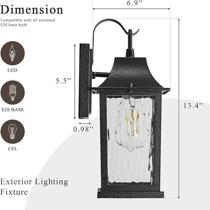 Outdoor Wall Light， 13" Sconce with Water Pattern Glass, Waterproof & Rustproof Exterior Lighting ，Weatherproof Front Porch Lights，for House Garage Doorway Patio (1 Pack, Black)