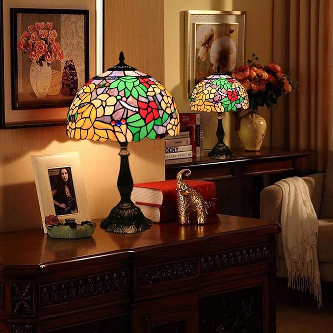 Tiffany Table Lamp for Living Room,Camellia Flower Stained Glass Lamp Shades for Bedside Nightstand Table LampsW/LED Bulb,12X12X19 Inch Tall Home Office Reading Dining Room Desk Lamps