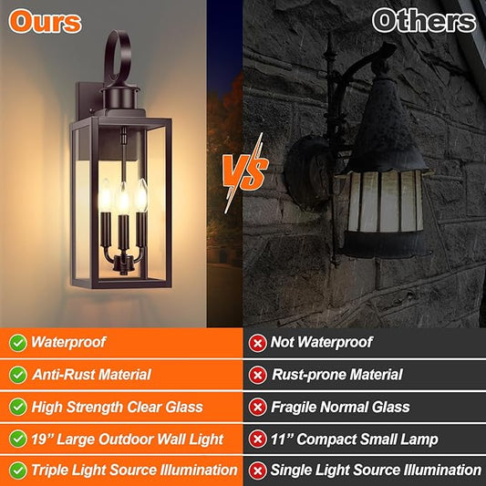 19" Large Outdoor Wall Lights, 3-Light Brown Waterproof Exterior Wall Light Fixtures with Clear Glass Shades, Farmhouse Outdoor Wall Sconces Lantern for House, Porch, Patio, Garage, Front Door, 1-Pack
