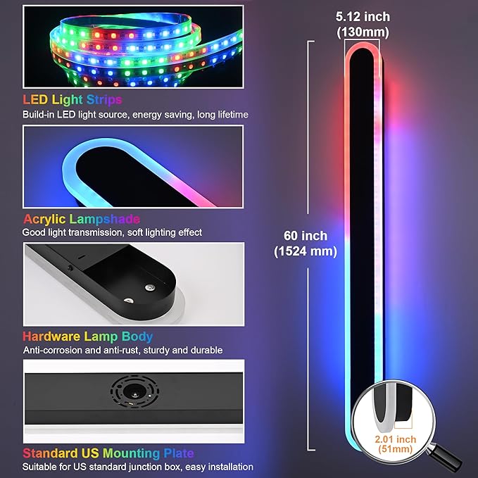 TODOLUZ 2-Pack 60-Inch RGB Long Linear Outdoor Wall Light Fixture, IP65 Waterproof 36W Dimmable LED Wall Sconce Lighting with Remote Control for Garage Doorway