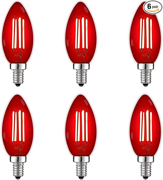 LUXRITE E12 LED Filament Red Light Bulbs, 4.5W (40W Equivalent), Colored Glass Candelabra Bulb, UL Listed, E12 Base, Indoor Outdoor, Porch, Decoration, Party, Holiday, Event, Home Lighting (6 Pack)