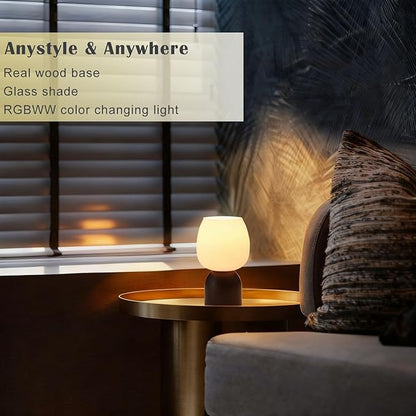 Small RGB Table Lamp for Bedroom, Remote Control Color Changing Desk Lights, with White Opal Glass Lamp Shade, for Living Room Nightstand,Black Wood