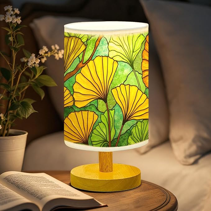 Ginkgo Tree Table Lamp LED 3-Color Pressed Bedside, Ginkgo Tree Shade Lamp with Wood Base for Bedroom Living Room Desk Office