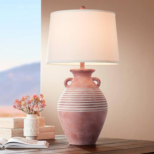 John Timberland Sierra Rustic Southwestern Style Jug Table Lamp 30" Tall Red Brown Sandstone Linen Drum Shade Decor for Living Room Bedroom House Bedside Nightstand Home Office Entryway Reading