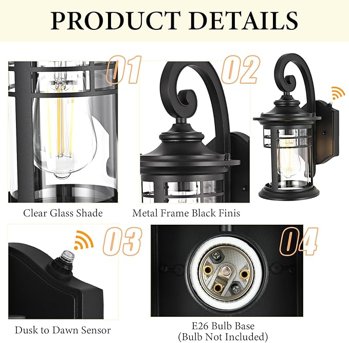 Outdoor Wall Lights Dusk to Dawn Porch Light, Exterior Lighting Fixtures Dawn to Dusk Outdoor Light Fixture Exterior Wall Sconce Lighting for House Patio