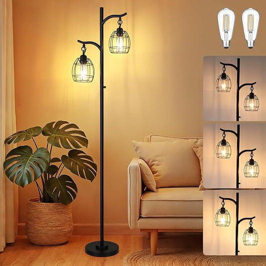 9MMML Floor Lamp for Living Room, Farmhouse Industrial Dimmable Floor Lamps with 2 Hanging Teardrop Cage, Vintage 67'' Tall Black Tree Standing Lamp for Bedroom Office, 2 x 800LM LED Bulbs Included