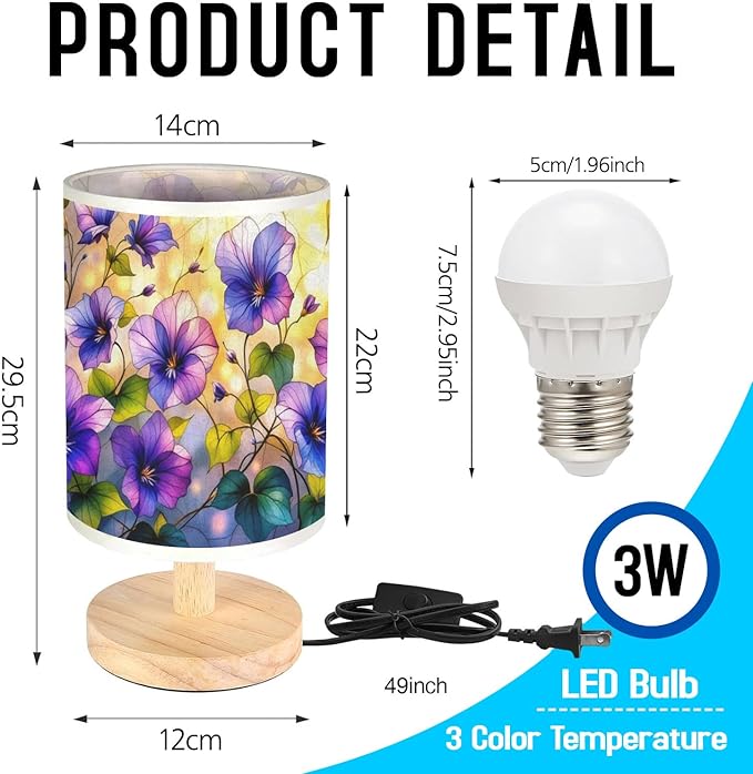Violet Table Lamp LED 3-Color Pressed Bedside, Violet Shade Lamp with Wood Base for Bedroom Living Room Desk Office