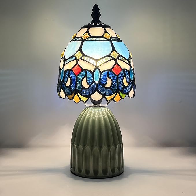 Tiffany Lamp Stained Glass Mushroom Table Lamps 6X6X12.5 Inch Blue Jewelry Baroque Style Small Night Light Ceramic Base Mini Accent Desk Light Suitable for Bedside Table Bedroom Children Room