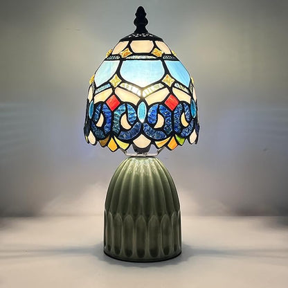 Tiffany Lamp Stained Glass Mushroom Table Lamps 6X6X12.5 Inch Blue Jewelry Baroque Style Small Night Light Ceramic Base Mini Accent Desk Light Suitable for Bedside Table Bedroom Children Room