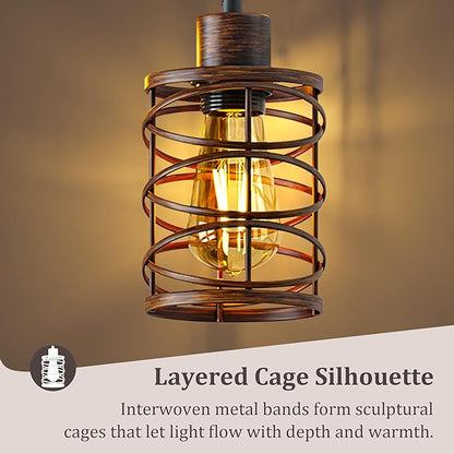 BOBOMOMO 70" Farmhouse Dimmable Floor Lamp, Walnut Brown Industrial Metal Cage Standing Lamp with 3 LED Bulbs, Stepless Dimming Tall Tree Lamp for Living Room, Bedroom, Office, Corner