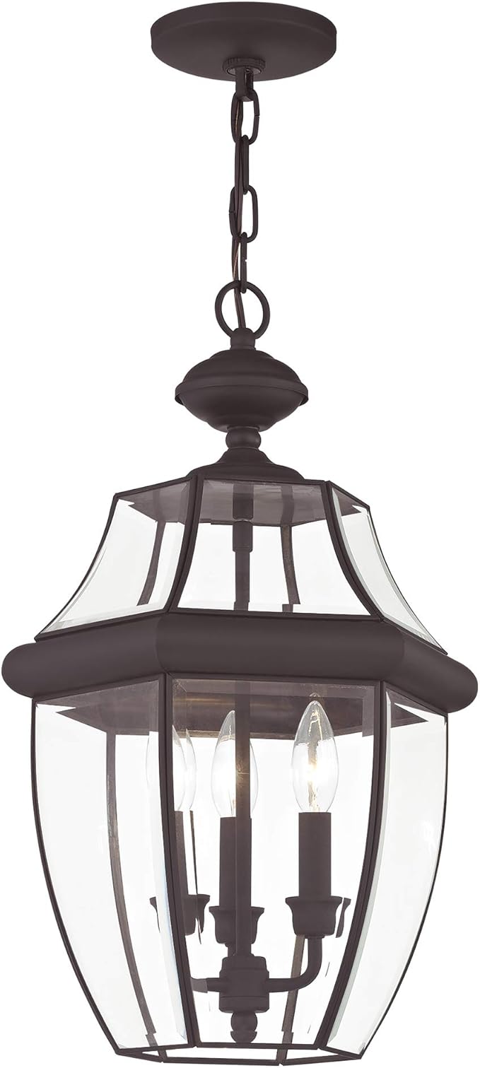 Livex Lighting 2355-07 Monterey 3 Light Outdoor Bronze Finish Solid Brass Hanging Lantern with Clear Beveled Glass