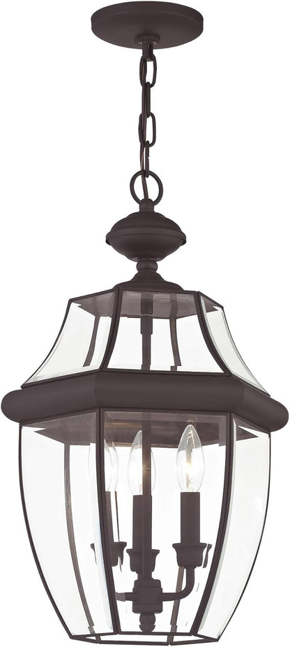 Livex Lighting 2355-07 Monterey 3 Light Outdoor Bronze Finish Solid Brass Hanging Lantern with Clear Beveled Glass