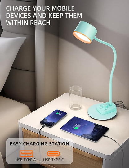 Desk Lamp, Fully Dimmable Bedside Reading Lamp with USB C + A Charging Ports, 5 Colors, Simple to Operate, Eye Care Metal Table Lamp Efficient Desk Lamps for Home Office College Dorm Room