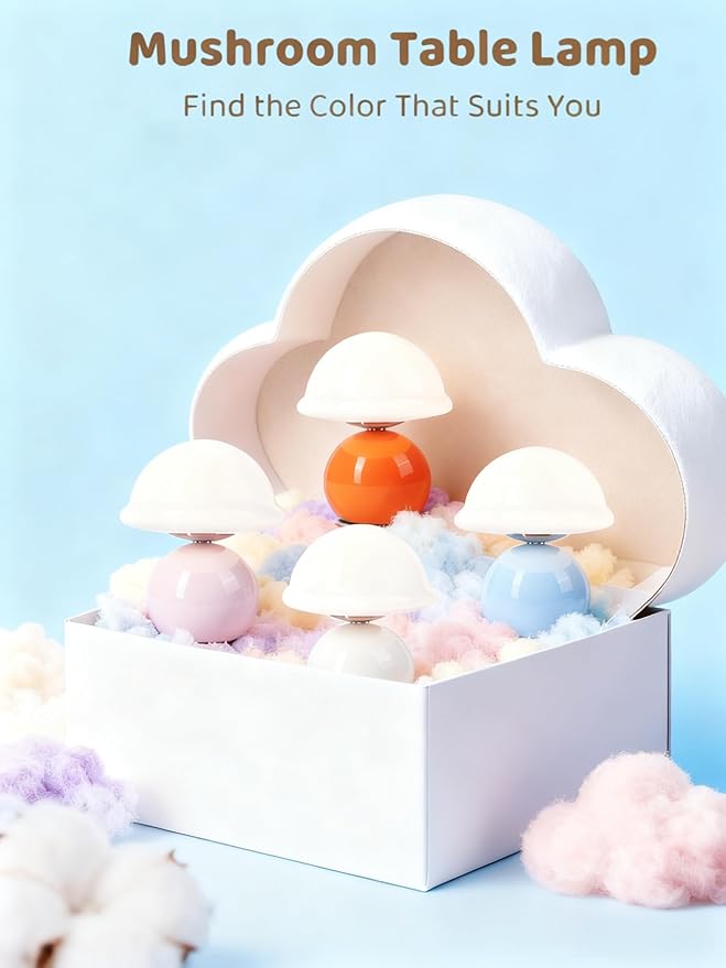 Mushroom Table Lamp for Bedroom, Cozy Bedside Lamp with Glass Shade, Stepless Dimmable Nightstand Lamp for Relaxing Bedroom Decor & Aesthetic Home (White)