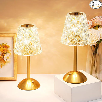 Liliful 2 Pcs Cordless Table Lamp Rechargeable Touch LED Small Gold Portable Battery Operated USB-c Desk Lamp 3 Color Dimmable for Bedroom Living Room Dining (Gold,Diamond Style)