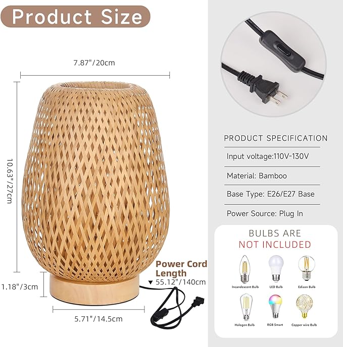 Bamboo Table Lamp for Bedroom,Boho Rattan Bedside Lamp, Vintage Wooden Wicker Nightstand Lamp Shade for Farmhouse, Desktop, Handmade Rustic Indirect Lighting