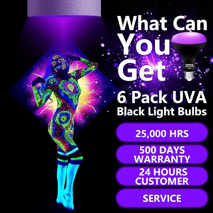 6 Pack Black Light Bulbs, Blacklight Bulb 120W Equivalent, E26 BR30 LED Black Light Bulb 385-400nm for Halloween Christmas Decorations, Body Paint, Glow in The Dark Party, Fluorescent Poster
