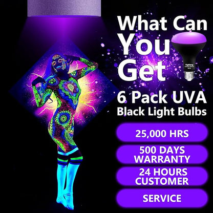 6 Pack Black Light Bulbs, Blacklight Bulb 120W Equivalent, E26 BR30 LED Black Light Bulb 385-400nm for Halloween Christmas Decorations, Body Paint, Glow in The Dark Party, Fluorescent Poster