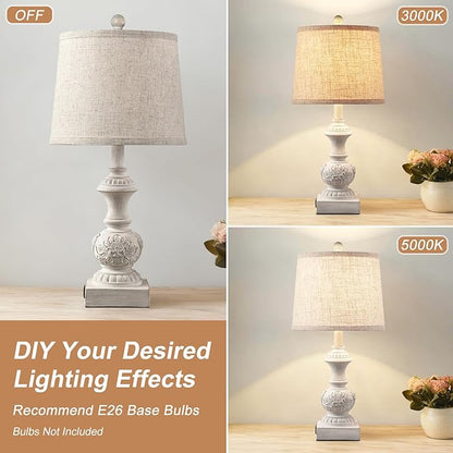 23.5" Set of 2 Farmhouse Table Lamps for Bedroom Bedside Lamp with USB A+C Ports Vintage Nightstand Lamps Antique Carved Floral Side Table Lamp for Living Room Office, White, Bulb Not Include