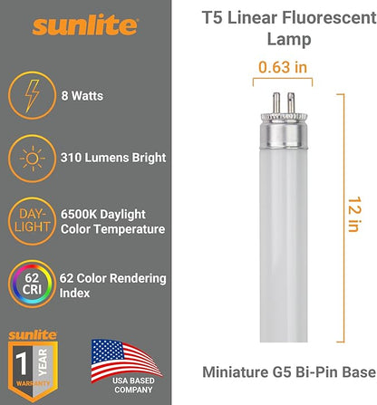 Sunlite 12-Inch F8T5/DL T5 Linear Fluorescent Lamp, 8 Watts, 310 Lumens, 6500K Daylight, Miniature G5 Bi-Pin Base, ROHS Compliant, High Performance Straight Tube, 10 Pack