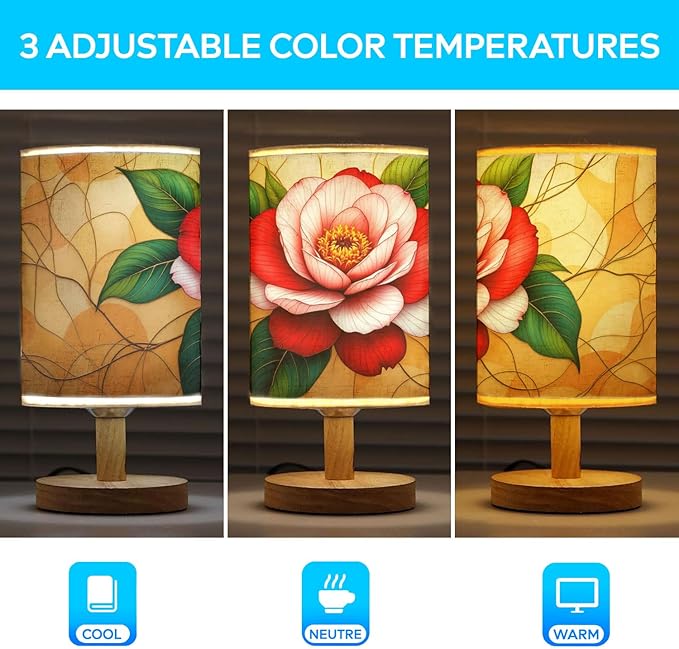 Camellia Table Lamp LED 3-Color Pressed Bedside, Camellia Shade Lamp with Wood Base for Bedroom Living Room Desk Office TL01