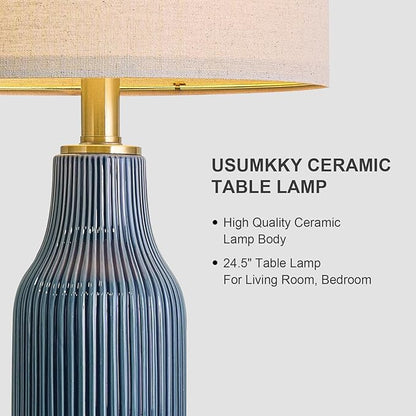 24.5" Modern 3-Way Dimmable Touch Control with USB A+C Ceramic Lamps Set of 2 Table Lamp for Living Room Bedroom Farmhouse Nightstand Bedside Blue