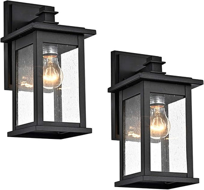 MICSIU 2 Pack Outdoor Wall Sconce, 12 Inch Black Exterior Light Fixtures with Clear Seedy Glass, Metal Outside Lights for House, Porch, Garage.