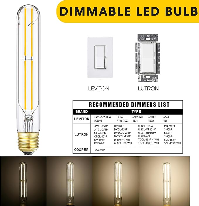7.3 Inch T10 LED Bulb 60 Watt, Dimmable 3000K Soft White E26 Edison Bulb, AC120V 600lm,6W Tubular Long Clear Glass Light Bulb for Rustic Pendant,Island,Chandeliers,Wall sconces,4 Pack(6w-3000k)