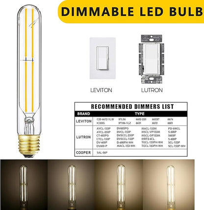 7.3 Inch T10 LED Bulb 60 Watt, Dimmable 3000K Soft White E26 Edison Bulb, AC120V 600lm,6W Tubular Long Clear Glass Light Bulb for Rustic Pendant,Island,Chandeliers,Wall sconces,4 Pack(6w-3000k)
