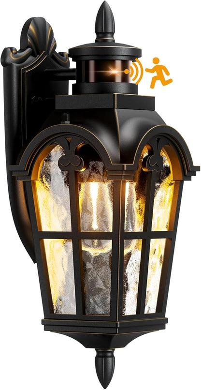 Motion Sensor Outdoor Lights, Dusk to Dawn Outdoor Wall Lights with 220° Detection & 3 Modes, IP65 Waterproof Exterior Lighting Fixtures for House Porch Patio Garage (Gold Trim)