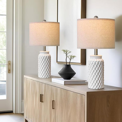 20.5" Set of 2 Bedside Table Lamps Modern White Honeycomb Ceramic - Linen Shade, E26 Knob Switch for Living Room, Bedroom & Nightstand