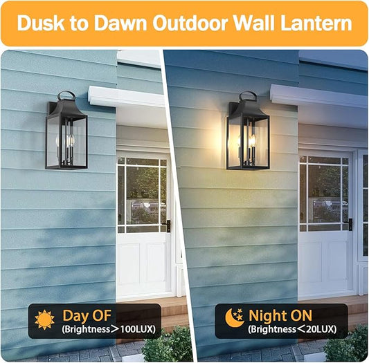 20" Extra Large Dusk to Dawn Outdoor Wall Light, Black Exterior Lighting Fixtures with 3-Light, Waterproof Wall Mount Porch Lantern, Modern Outside Wall Sconce Garage Coach Light, E12, 1 Pack