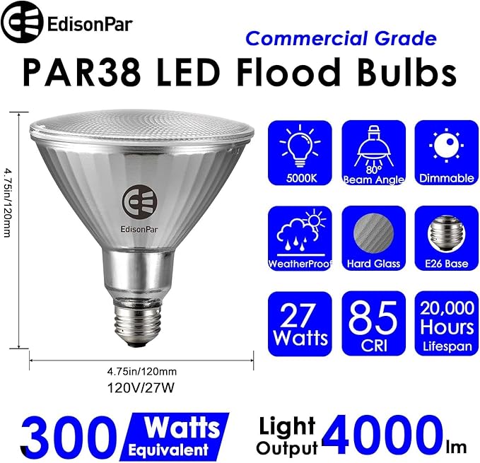 Full-Glass PAR38 LED Flood Light Bulbs Outdoor/Indoor Equivalent 300 Watt, 4000 Lumens Ultra Bright, Dimmable Waterproof 5000K Daylight, 4-Pack