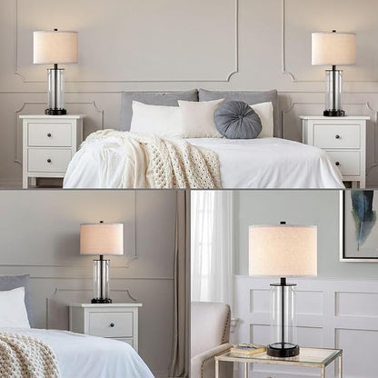 KAWOTI 23'' Clear Glass Table Lamp Set of 2 Bedroom Lamps with USB Ports and AC Outlet Living Room Nightstand Lamp Bulbs Included