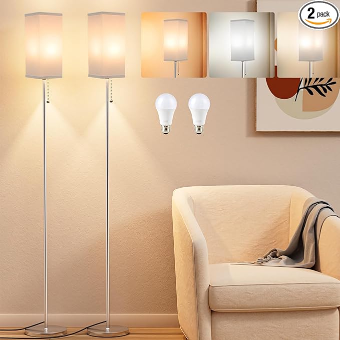 Floor Lamps for Living Room Bedroom - 3 Color Temperature Silver Floor Lamp Set of 2, Modern Standing Lamps with Pull Chain Switch White Shade, Tall Lamp for Corner Office(2 Pack)
